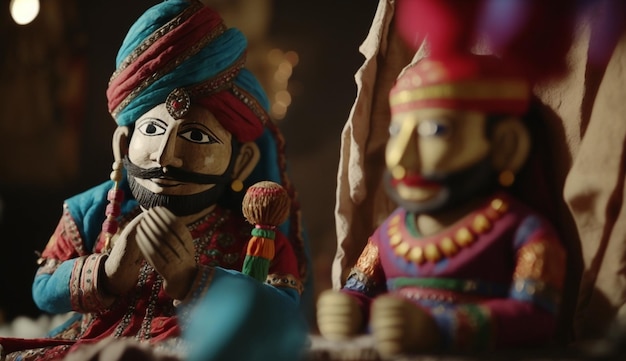 Marionnettes en bois colorées du théâtre de marionnettes indien traditionnel