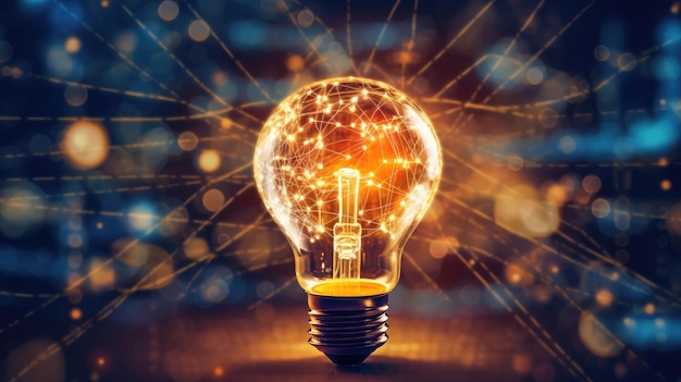 Marketing numérique Créatif Nouvelles idées et innovations pour la croissance des entreprises Forme d'ampoule et icône d'entreprise avec technologie de connexion au réseau et liaison de données numériques sur les réseaux mondiaux IA générative