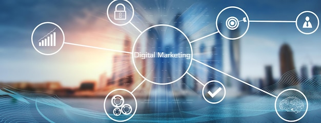 Marketing numérique et icônes sur un écran virtuel