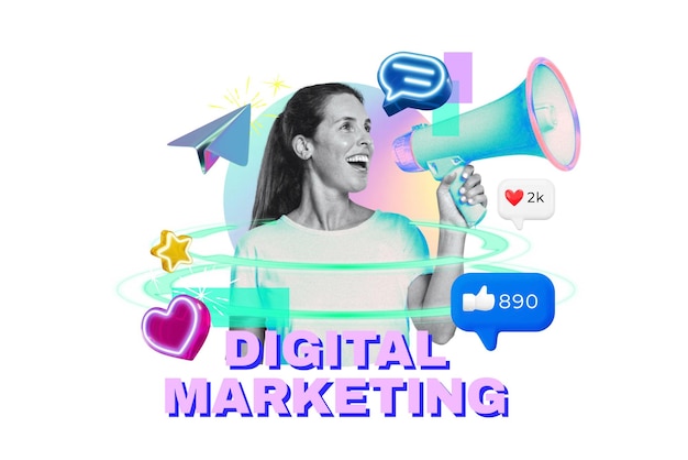 Marketing numérique png remix de technologie de mots dans le design au néon