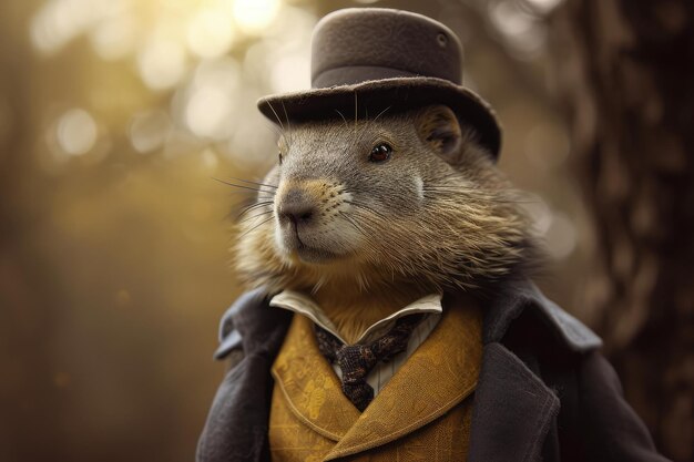 Marmotte anthropomorphique énigmatique portant un manteau de fourrure aristocratique Générer ai