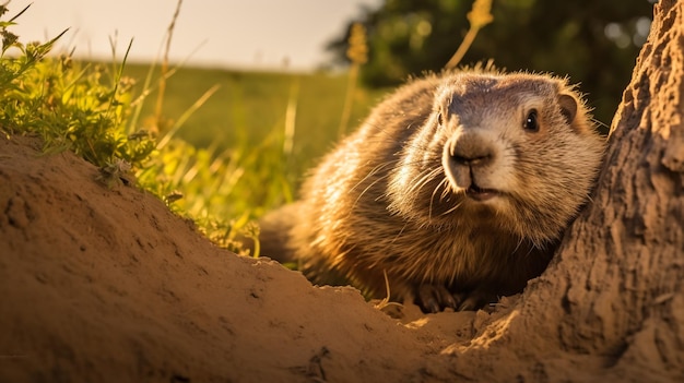 marmotte de cochon de jour avec fond herbeux