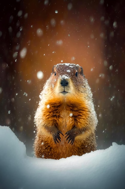 Photo marmotte debout sur ses pattes arrière dans une tempête de neige avec de la neige qui tombe dessus generative ai