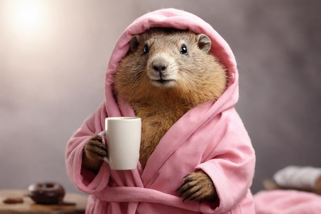 Marmotte mignonne en peignoir avec une tasse de café sur fond gris