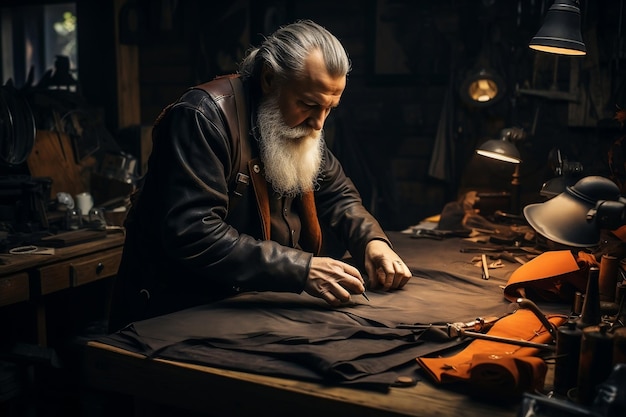 Maroquinier ou artisan du cuir cousant du cuir Ai générative