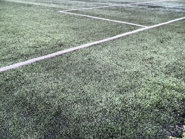 Le marquage du terrain de football sur l'herbe verte Lignes blanches ne dépassant pas 12 cm ou 5 pouces de large Zone du terrain de football