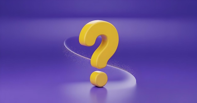 Marque d'interrogation dorée 3D sur un tourbillon violet