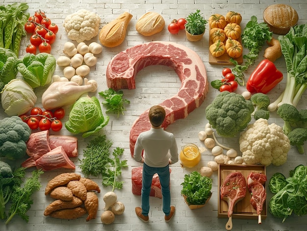 Photo marque d'interrogation parmi les produits alimentaires concept de choix des produits