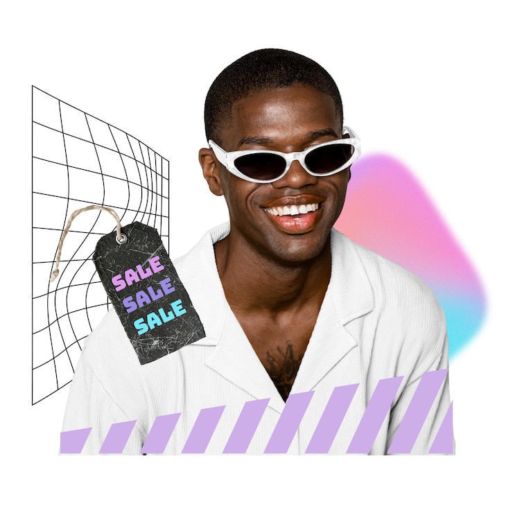 Photo marque de vente png avec homme souriant remix de magasinage fond transparent