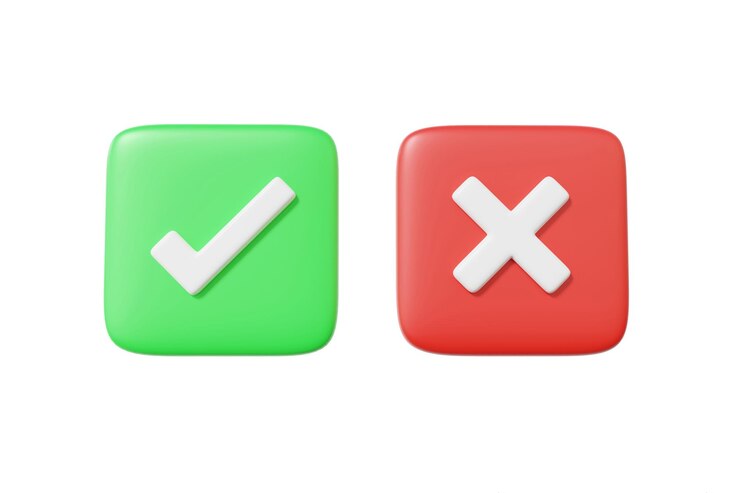 Marque verte correcte et icône de marque rouge incorrecte Oui ou Non approuvé refusé bien mal sur fond blanc isolé Dessin animé minimal mignon illustration de rendu 3d lisse