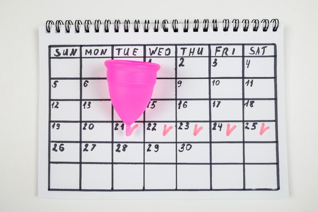 Marques de calendrier et coupe menstruelle rose sur blanc