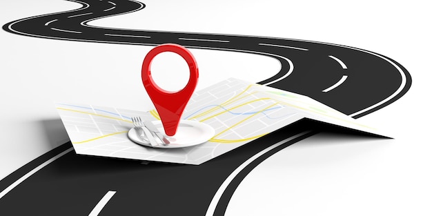 Marqueur d'emplacement et mise en place sur l'illustration 3d de l'arrière-plan de l'autoroute de la carte
