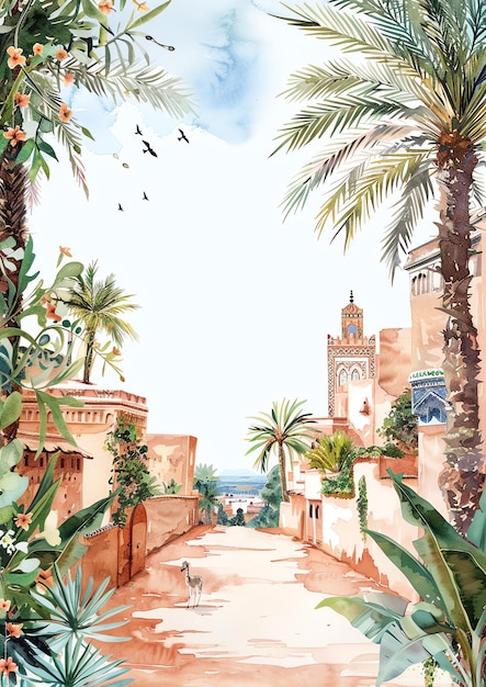 Marrakech Maroc Médine de Marrakeche paysage aquarelle modèle d'invitation de mariage