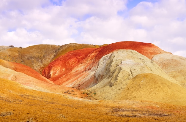 Mars dans les montagnes de l'Altaï La pente de la terrasse de la rivière avec l'exposition de couleurs