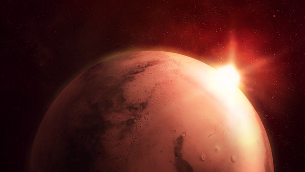 Mars sur le fond de l'espace étoilé, surface de la planète rouge.