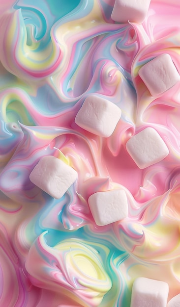 Des marshmallows sur un fond rose et bleu