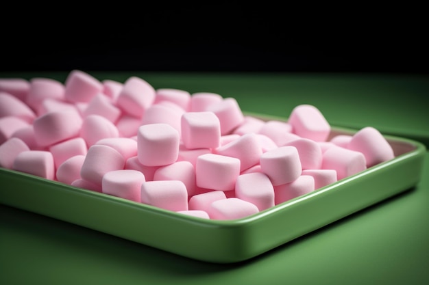 Des marshmallows roses dans un bol sur un dessert américain vert