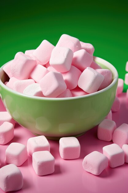 Des marshmallows roses dans un bol sur un fond vert