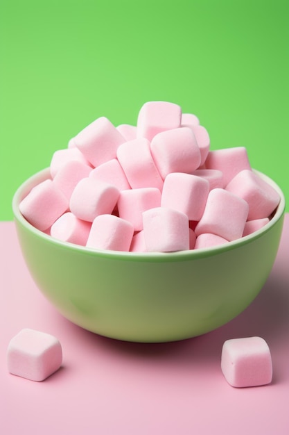 Des marshmallows roses dans un bol sur une lumière verte