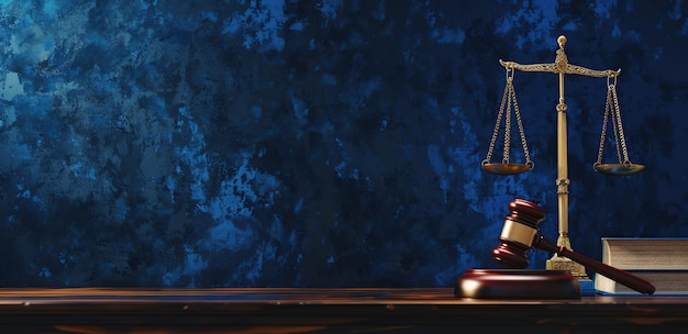 Le marteau et l'échelle de la justice représentant le concept de justice de la loi sur un fond bleu foncé.