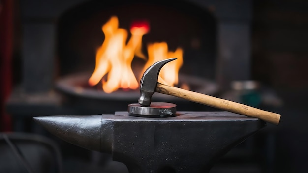 Photo marteau sur enclume dans un atelier de forgeron sombre avec un feu dans le poêle en arrière-plan