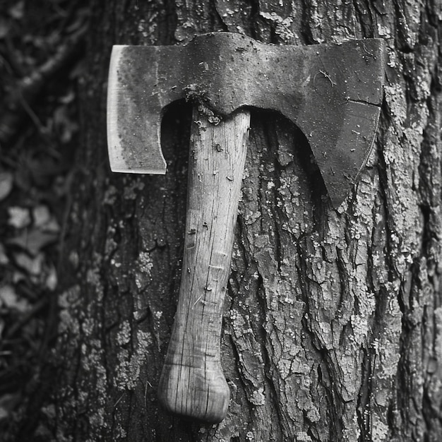 un marteau est coincé dans un arbre et la lettre t est sur l'arbre