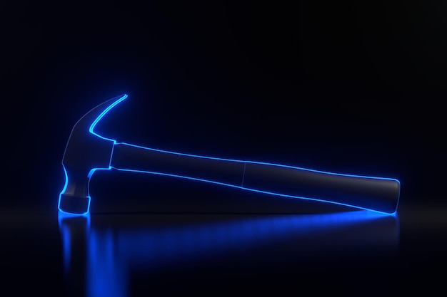 Marteau à griffes avec des lumières de néon bleu futuriste brillantes sur fond noir rendu 3D