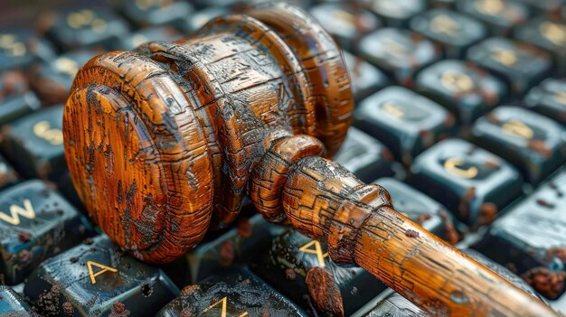 Marteau de juge en bois sur le clavier d'ordinateur Closeup