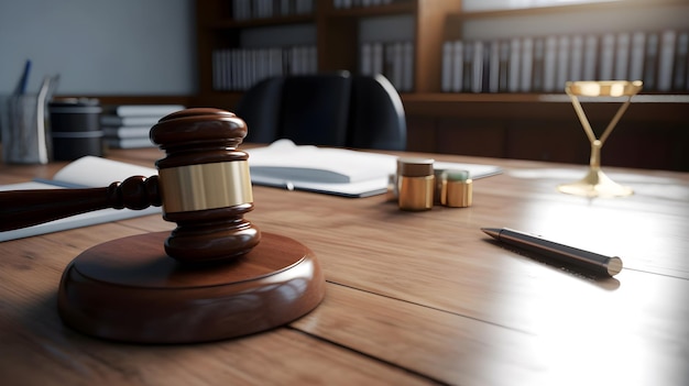 Un marteau de juge en bois est posé sur un bureau dans une salle d'audience.