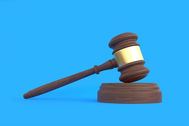 Photo marteau de juge en bois sur fond bleu paiement pour la formation juridique enchères aux enchères responsabilité 3d