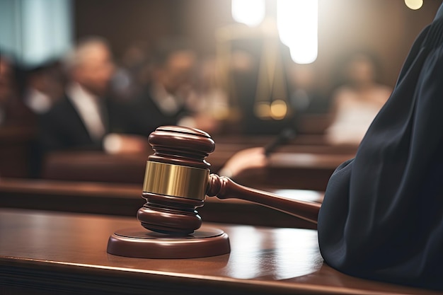 Photo marteau de juges en bois sur une table dans une salle d'audience ou un bureau d'application de la loi