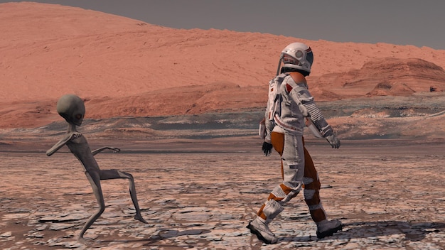 Un martien se faufile derrière un astronaute sur Mars Un astronaute rencontre un martien sur Mars Premier contact