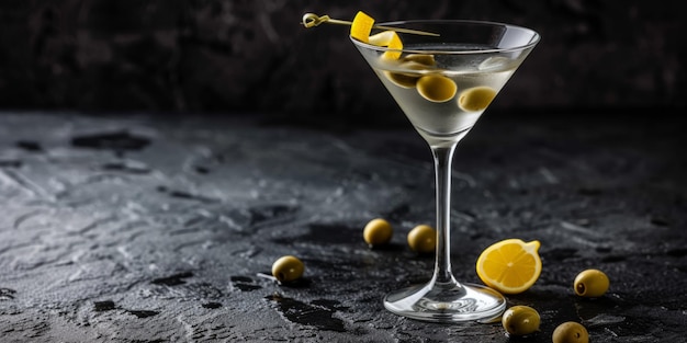 Martini classique garni d'olives et de citron sur un fond noir Beaucoup de place pour le texte