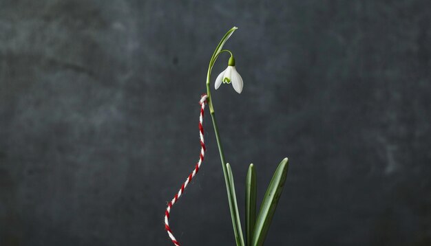 Photo un martisor minimaliste avec une seule fleur de goussette de neige délicate attachée à une corde rouge et blanche