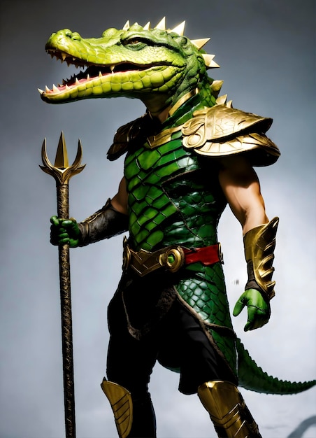 Photo marvel alligator de taille réelle loki avec la couronne loki sur la tête et le sceptre en action sans mots p3