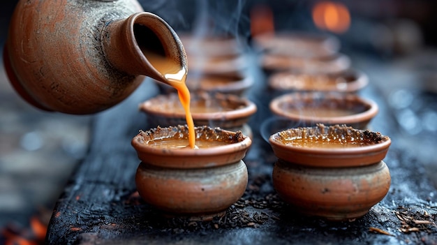 Masala Chai indien aromatique versé dans des tasses en argile