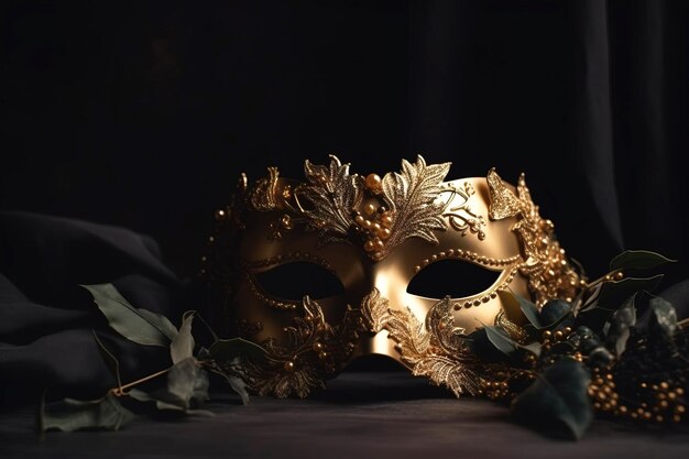 Mascarade sculpté masque sombre avec dorage sur un fond sombre festival masque de fête de carnaval