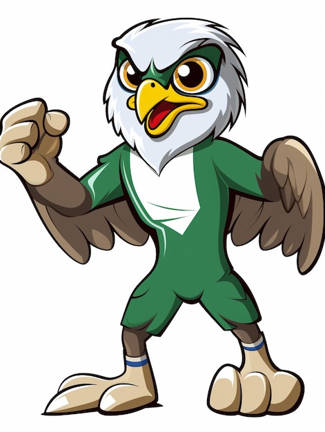 mascotte d'aigle de dessin animé avec une tenue verte et blanche et des lunettes jaunes