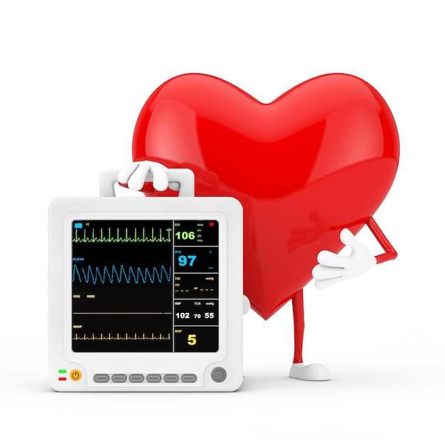 Mascotte de caractère coeur rouge avec équipement de surveillance cardiaque portable de soins de santé sur fond blanc. Rendu 3D
