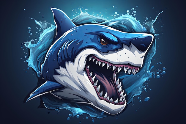 Mascotte de dessin animé à tête de requin bleu avec l'illustration de l'icône du logo esport
