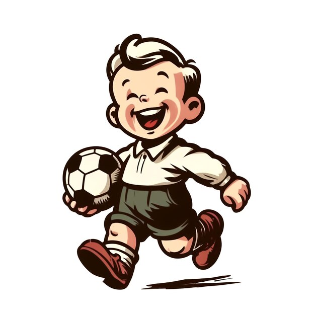 Mascotte de dessin animé vintage jouant au football isolé