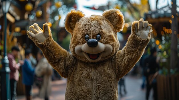 Mascotte du parc à thème divertissant les visiteurs du parc