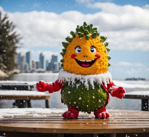 La mascotte kiwano drôle sur la plage dans le concept de Noël d'hiver