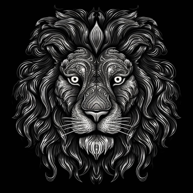 Mascotte de lion noir et blanc 2d pour la marque de tshirt sur fond noir AI générative