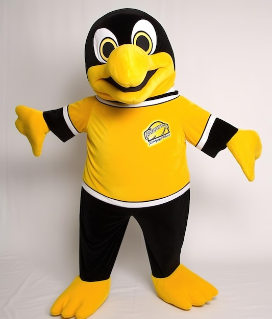 Une mascotte d'oiseau jaune avec un logo noir et blanc sur le devant.