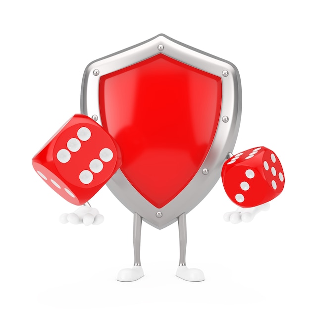 Mascotte de personnage de bouclier de protection en métal rouge avec des cubes de dés de jeu rouges en vol sur fond blanc. Rendu 3D