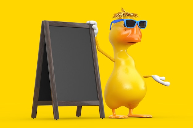 Mascotte de personnage de canard de dessin animé jaune mignon avec affichage extérieur de tableaux noirs de menu en bois vierge sur fond jaune. Rendu 3D