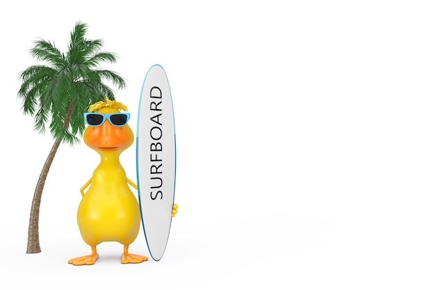 Mascotte de personnage de canard de dessin animé jaune mignon avec planche de surf près de palmier vert sur fond blanc. Rendu 3D