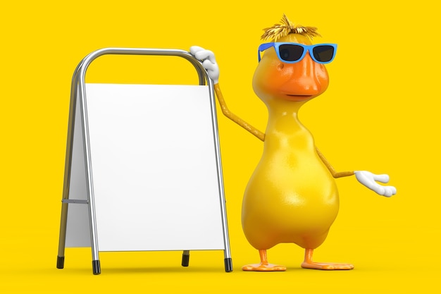 Mascotte de personnage de canard de dessin animé jaune mignon avec un support de promotion de la publicité vierge blanche sur fond jaune. Rendu 3D