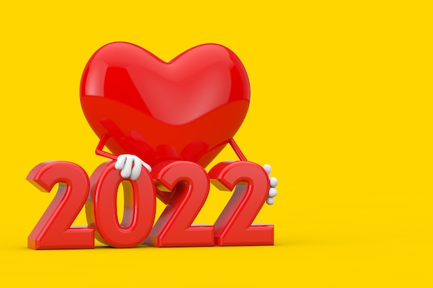 Mascotte de personnage coeur rouge avec signe du nouvel an 2022 sur fond jaune. Rendu 3D